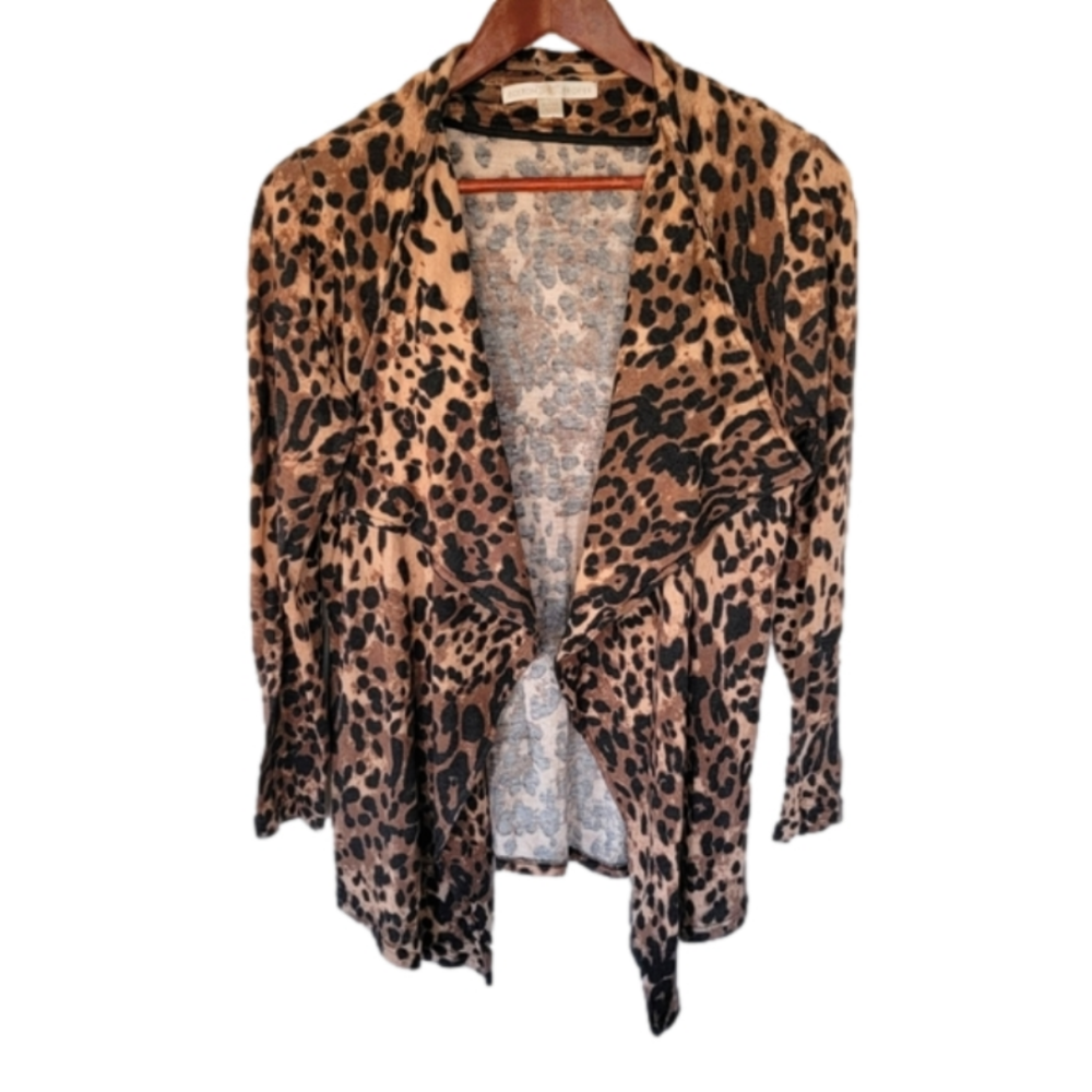 Boston Proper Cardigan Womens XS Brown Leopard Print Open Front Waterfall‎ Knit